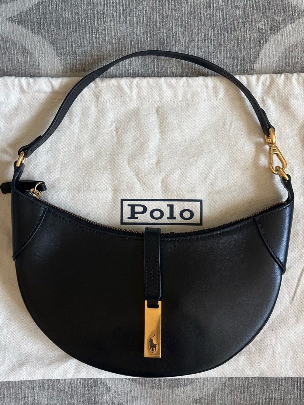 Polo Ralph Lauren Black CalfskinLeather Crescent Shoulder Bag with Gold Hardware